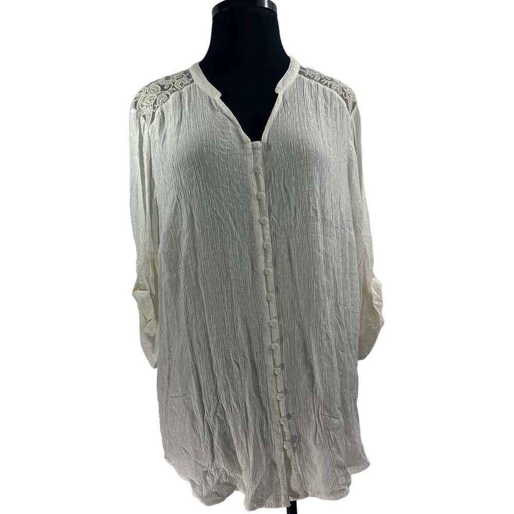 TORRID Off White Ivory Sheer Lace Accent Crinkle Button Front Blouse Size 3 NWT